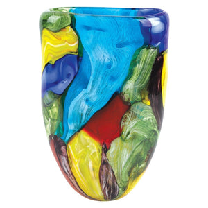 HomeRoots 11" Murano-Style Glass Vase in Vibrant Blue, Green, Red & Yellow - Unique Artful Centerpiece for Home 375777