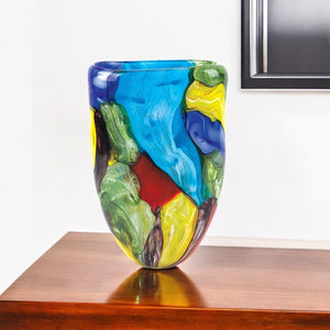 HomeRoots 11" Murano-Style Glass Vase in Vibrant Blue, Green, Red & Yellow - Unique Artful Centerpiece for Home 375777