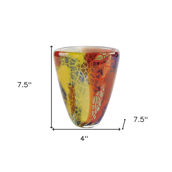 HomeRoots 8" Handcrafted Murano-Style Abstract Oval Glass Vase in Fiery Orange, Red & Yellow for Home Decor 375778