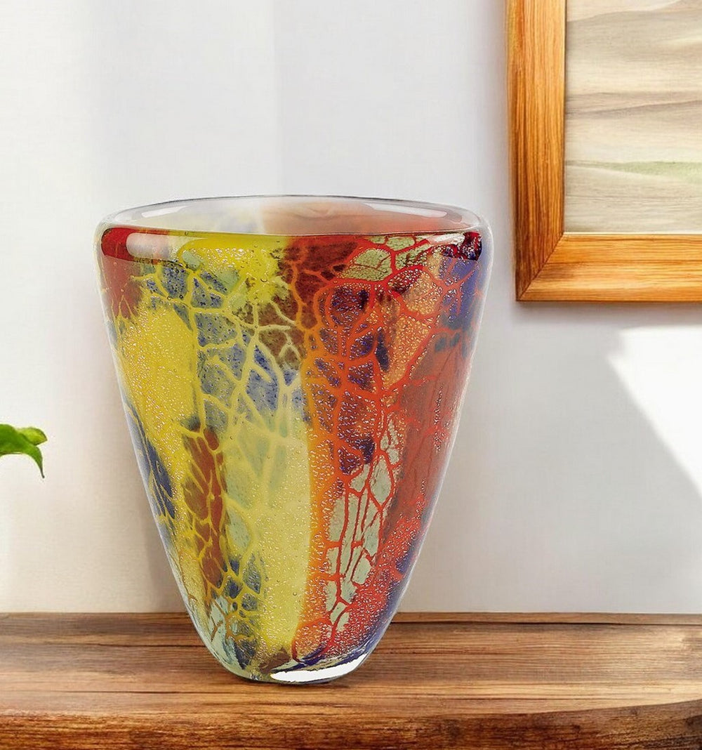 Homeroots 8" Orange Red And Yellow Murano Glass Abstract Oval Table Vase  Murano Glass 375778