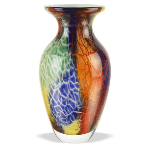 HomeRoots 11" Murano Glass Urn Vase in Vibrant Blue, Green & Orange – Handcrafted Decorative Accent Piece 375779