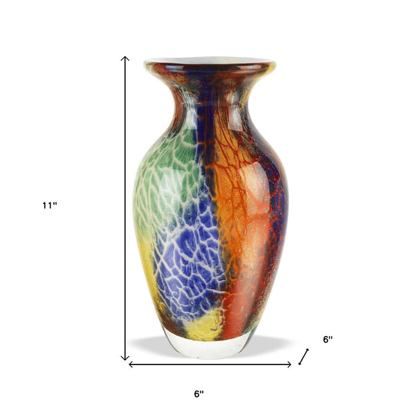 HomeRoots 11" Murano Glass Urn Vase in Vibrant Blue, Green & Orange – Handcrafted Decorative Accent Piece 375779