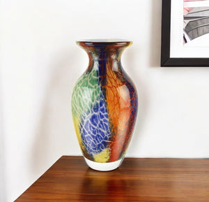HomeRoots 11" Murano Glass Urn Vase in Vibrant Blue, Green & Orange – Handcrafted Decorative Accent Piece 375779