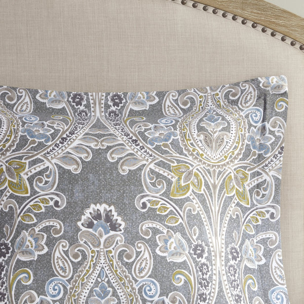 English Elm 6 Piece Cotton Comforter Set In Elegant Grey With Damask Pattern, Includes Shams & Decorative Pillows B03595744