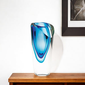HomeRoots 10" Clear and Blue Abstract Cylinder Crystal Vase - Handcrafted, Elegant Centerpiece for Any Room 9.5 inches 375781