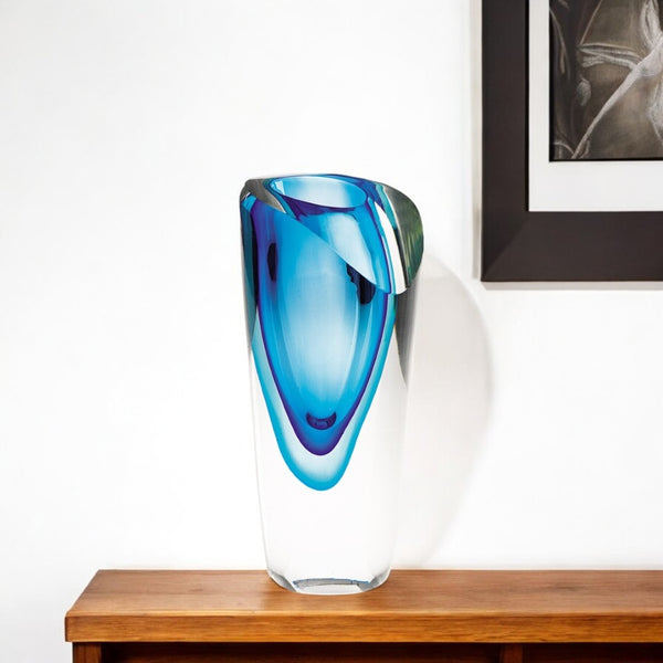HomeRoots 10" Clear and Blue Abstract Cylinder Crystal Vase - Handcrafted, Elegant Centerpiece for Any Room 9.5 inches 375781