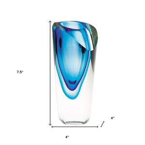 HomeRoots 10" Clear and Blue Abstract Cylinder Crystal Vase - Handcrafted, Elegant Centerpiece for Any Room 7.5 inches 375782