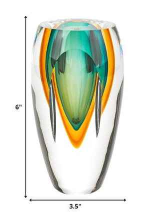 Homeroots 6" Clear Amber And Green Abstract Murano Glass Table Vase  Murano Glass 375784