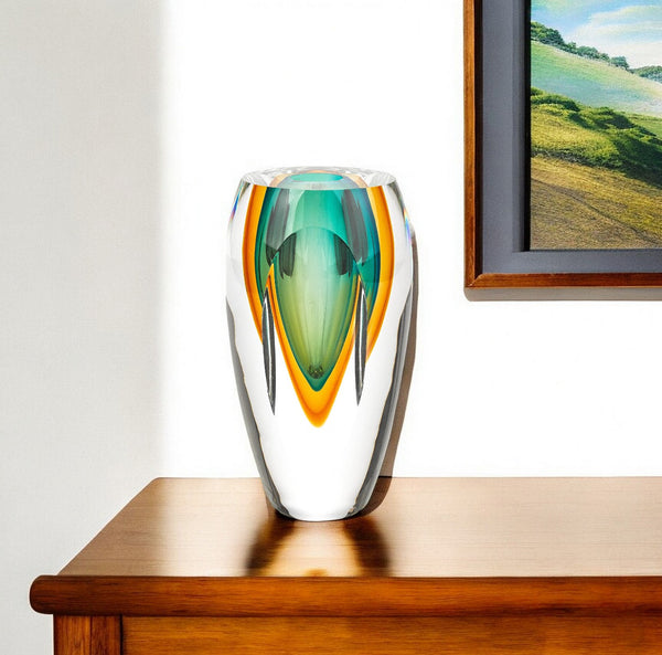 Homeroots 6" Clear Amber And Green Abstract Murano Glass Table Vase  Murano Glass 375784