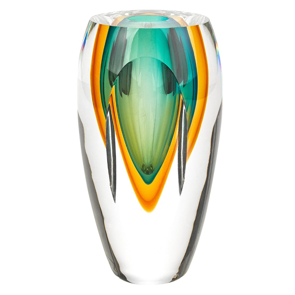 HomeRoots 8" Green Murano Glass Cylinder Vase - Elegant Abstract Design for Modern Home Décor & Gifts 9.5 inches 375786
