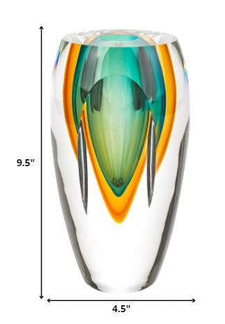 Homeroots 8" Clear Amber And Green Abstract Cylinder Murano Glass Table Vase  Murano Glass 375786