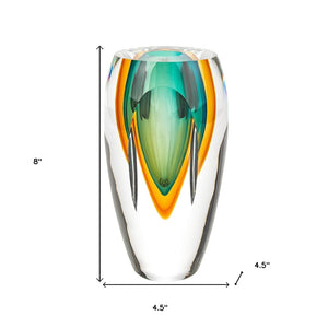 HomeRoots 8" Green Murano Glass Cylinder Vase - Elegant Abstract Design for Modern Home Décor & Gifts 9.5 inches 375786