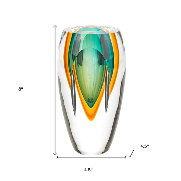 HomeRoots 8" Green Murano Glass Cylinder Vase - Elegant Abstract Design for Modern Home Décor & Gifts 9.5 inches 375786