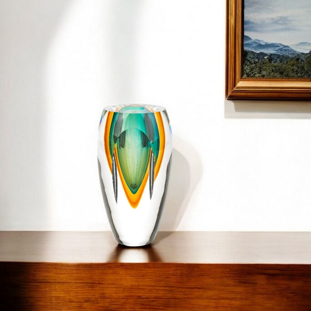 HomeRoots 8" Green Murano Glass Cylinder Vase - Elegant Abstract Design for Modern Home Décor & Gifts 9.5 inches 375786
