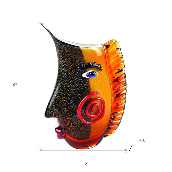 HomeRoots 9" Black and Orange Murano Glass Table Vase - Artistic Asymmetrical Design for Modern Home Décor 375790