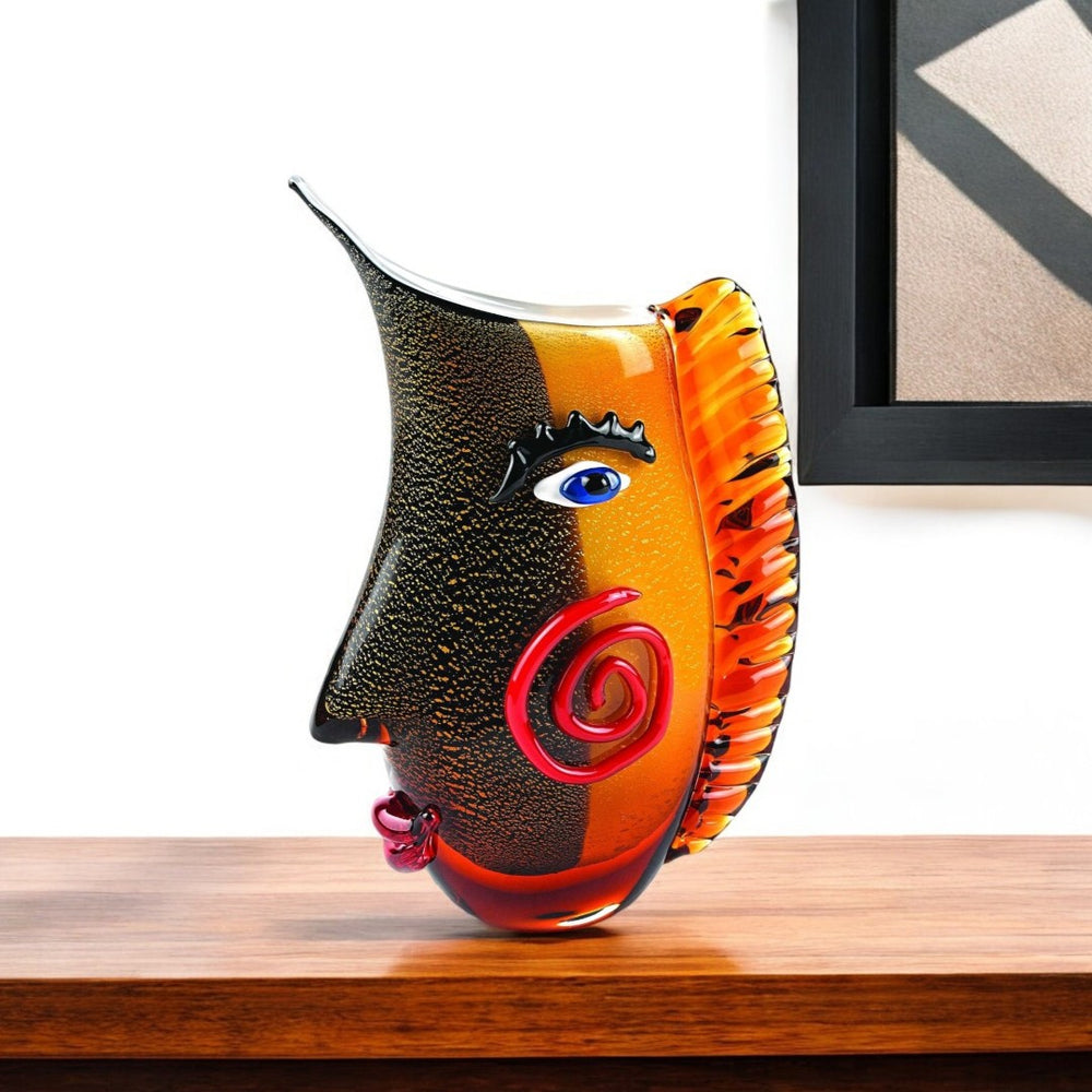 HomeRoots 9" Black and Orange Murano Glass Table Vase - Artistic Asymmetrical Design for Modern Home Décor 375790