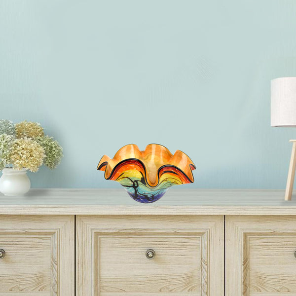 Homeroots 17" Red Yellow And Green Wavy Glass Centerpiece Bowl   375791