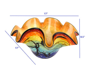 Homeroots 17" Red Yellow And Green Wavy Glass Centerpiece Bowl   375791