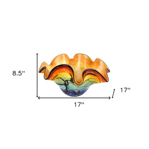 Homeroots 17" Red Yellow And Green Wavy Glass Centerpiece Bowl   375791