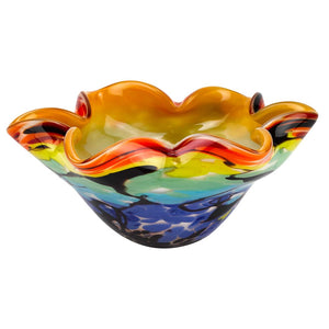 HomeRoots 9" Rainbow Art Glass Centerpiece Bowl - Hand-Blown Murano Style with Wavy Rim & Vibrant Colors 375793