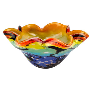 HomeRoots 9" Rainbow Art Glass Centerpiece Bowl - Hand-Blown Murano Style with Wavy Rim & Vibrant Colors 375793