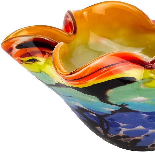 HomeRoots 9" Rainbow Art Glass Centerpiece Bowl - Hand-Blown Murano Style with Wavy Rim & Vibrant Colors 375793