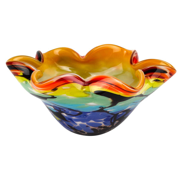 HomeRoots 9" Rainbow Art Glass Centerpiece Bowl - Hand-Blown Murano Style with Wavy Rim & Vibrant Colors 375793