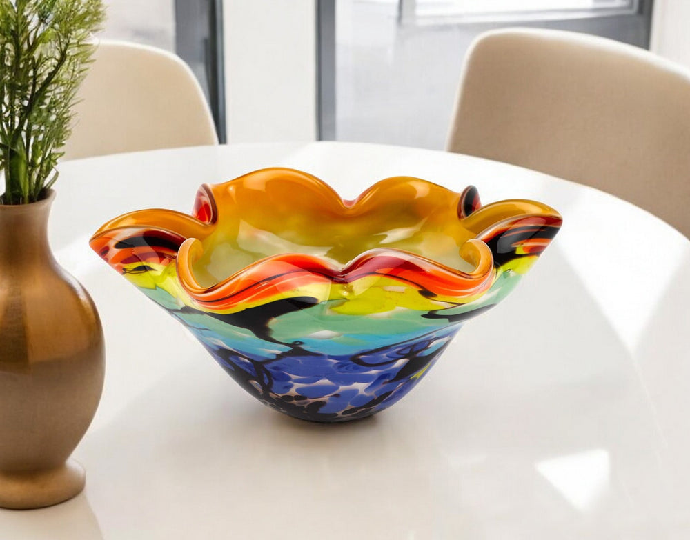 Homeroots 9" Rainbow Multi Art Glass Wavy Centerpiece Bowl   375793