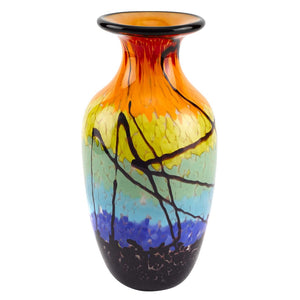 HomeRoots 11" Handblown Glass Urn Vase in Bold Black, Blue, Red & Yellow - Modern Abstract Decor Piece 375794