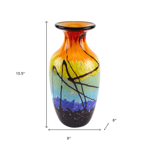 HomeRoots 11" Handblown Glass Urn Vase in Bold Black, Blue, Red & Yellow - Modern Abstract Decor Piece 375794