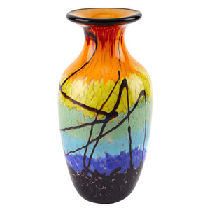 HomeRoots 11" Handblown Glass Urn Vase in Bold Black, Blue, Red & Yellow - Modern Abstract Decor Piece 375794