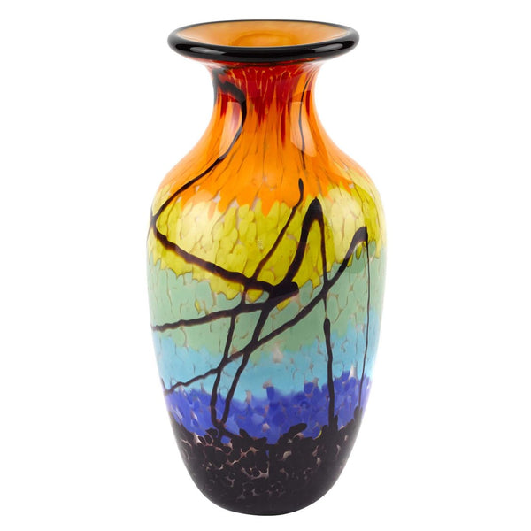 HomeRoots 11" Handblown Glass Urn Vase in Bold Black, Blue, Red & Yellow - Modern Abstract Decor Piece 375794