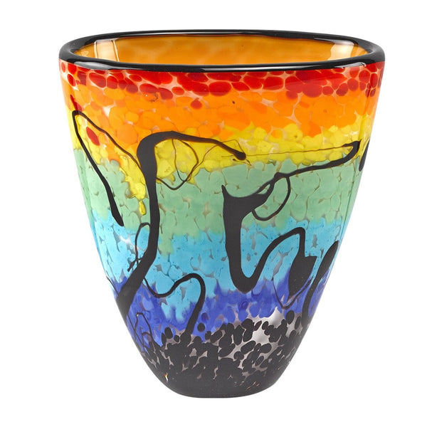 HomeRoots 8" Vibrant Murano Glass Table Vase - Oval Art Piece in Bold Red, Blue, Orange & Black Hues 375796