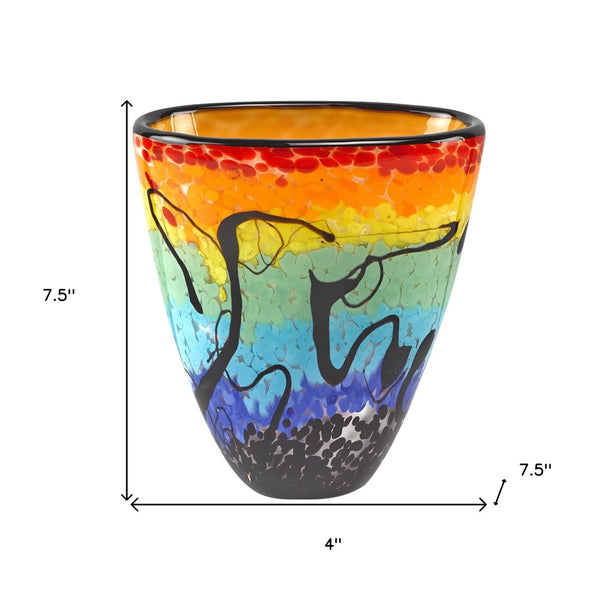 HomeRoots 8" Vibrant Murano Glass Table Vase - Oval Art Piece in Bold Red, Blue, Orange & Black Hues 375796