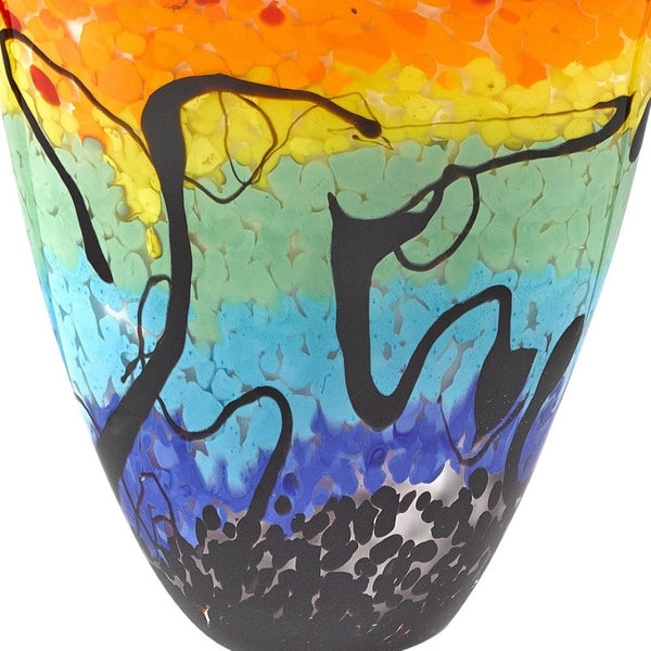 HomeRoots 8" Vibrant Murano Glass Table Vase - Oval Art Piece in Bold Red, Blue, Orange & Black Hues 375796