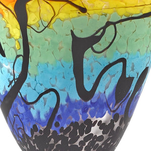 HomeRoots 8" Vibrant Murano Glass Table Vase - Oval Art Piece in Bold Red, Blue, Orange & Black Hues 375796