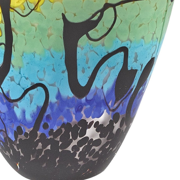HomeRoots 8" Vibrant Murano Glass Table Vase - Oval Art Piece in Bold Red, Blue, Orange & Black Hues 375796