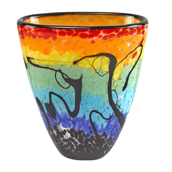 HomeRoots 8" Vibrant Murano Glass Table Vase - Oval Art Piece in Bold Red, Blue, Orange & Black Hues 375796