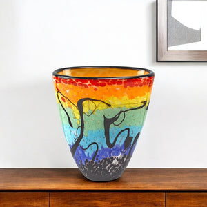 HomeRoots 8" Vibrant Murano Glass Table Vase - Oval Art Piece in Bold Red, Blue, Orange & Black Hues 375796