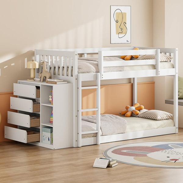 English Elm Twin Over Bunk Bed with Four Storage Drawers Open Shelving Kids Bedroom White LT000167AAK-1
