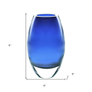 HomeRoots 9" Blue Oval Lead-Free Crystal Table Vase - Handcrafted Elegance for Floral Displays & Décor Accents 375821
