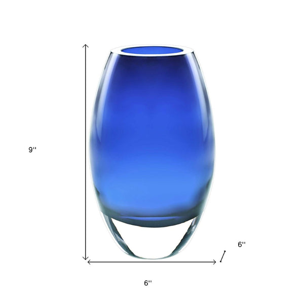 HomeRoots 9" Blue Oval Lead-Free Crystal Table Vase - Handcrafted Elegance for Floral Displays & Décor Accents 375821