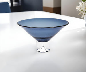 Homeroots 11" Blue Mouth Blown Crystal Round Pedestal Centerpiece Bowl   375839