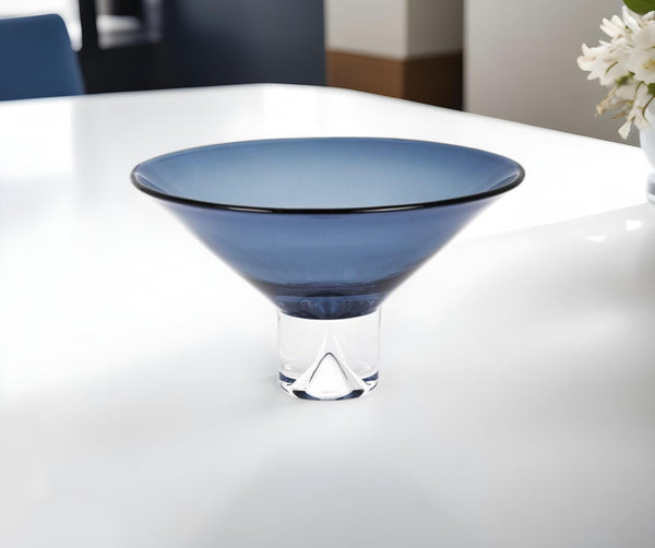 Homeroots 11" Blue Mouth Blown Crystal Round Pedestal Centerpiece Bowl   375839