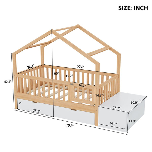 English Elm Toddler Playhouse Bed Solid Pine Frame with Storage Drawers Safety Gate Kids Room N899P429858N