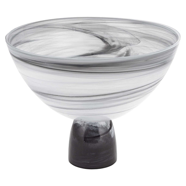 Homeroots 10" Black And Gray Swirl Mouth Blown Glass Footed Centerpiece Bowl   375873