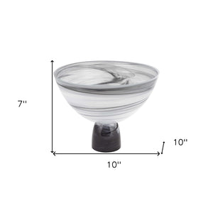Homeroots 10" Black And Gray Swirl Mouth Blown Glass Footed Centerpiece Bowl   375873