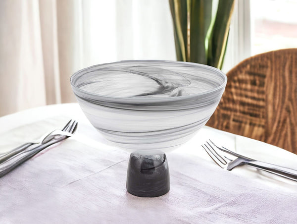 Homeroots 10" Black And Gray Swirl Mouth Blown Glass Footed Centerpiece Bowl   375873