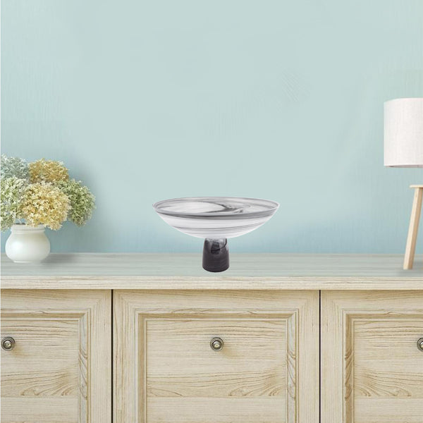 Homeroots 11" Black And White Alabaster Glass Round Pedestal Centerpiece Bowl   375874