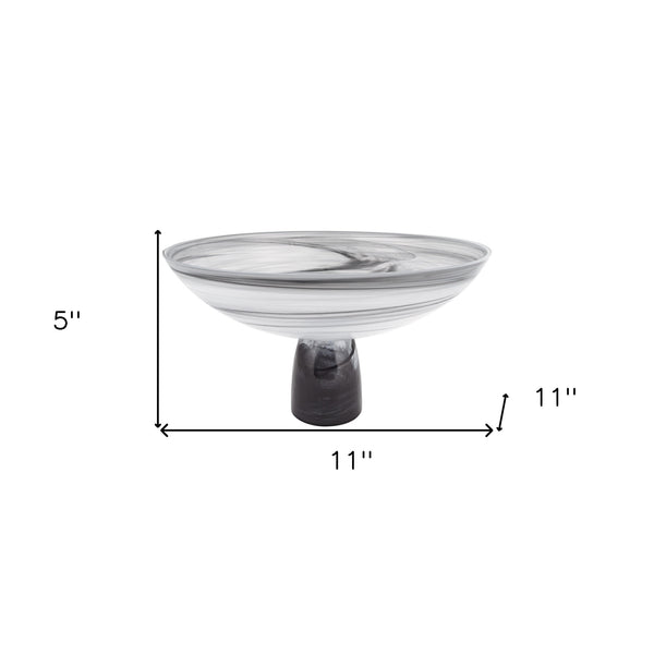 Homeroots 11" Black And White Alabaster Glass Round Pedestal Centerpiece Bowl   375874